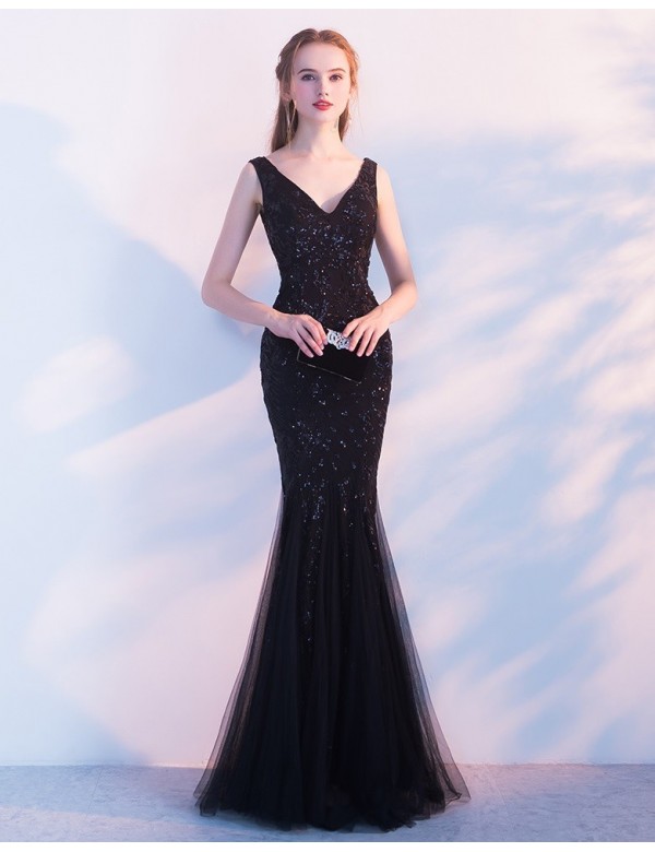 Rochie lunga neagra shiny tip sirena cu paiete