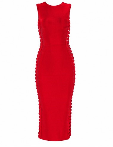 middle long red bandage evening dress with hollow out side