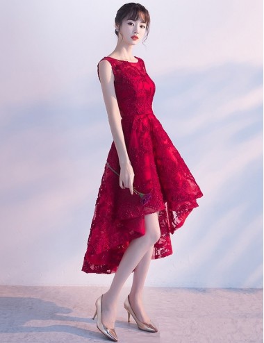 Rochie de seara rosie scurta in fata si lunga in spate