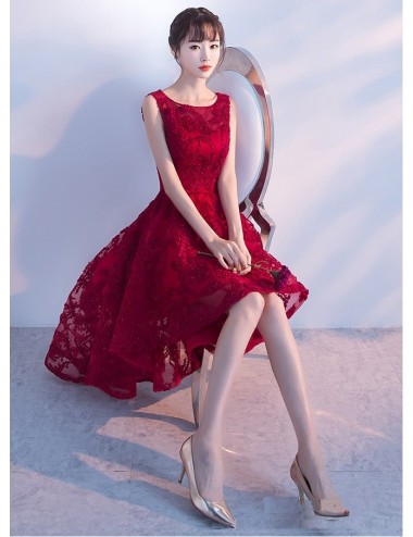 Rochie de seara rosie scurta in fata si lunga in spate